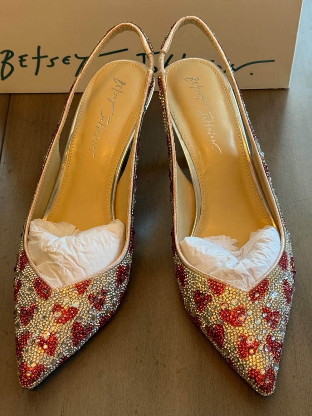 Betsey Johnson sling back heels pumps womens 9 rhinestone hearts Mya - Picture 2 of 12
